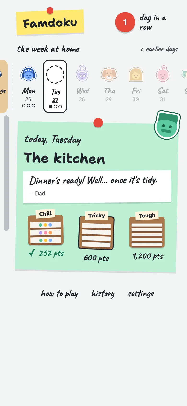 The game's home: the family's week and today's kitchen, with its three levels.