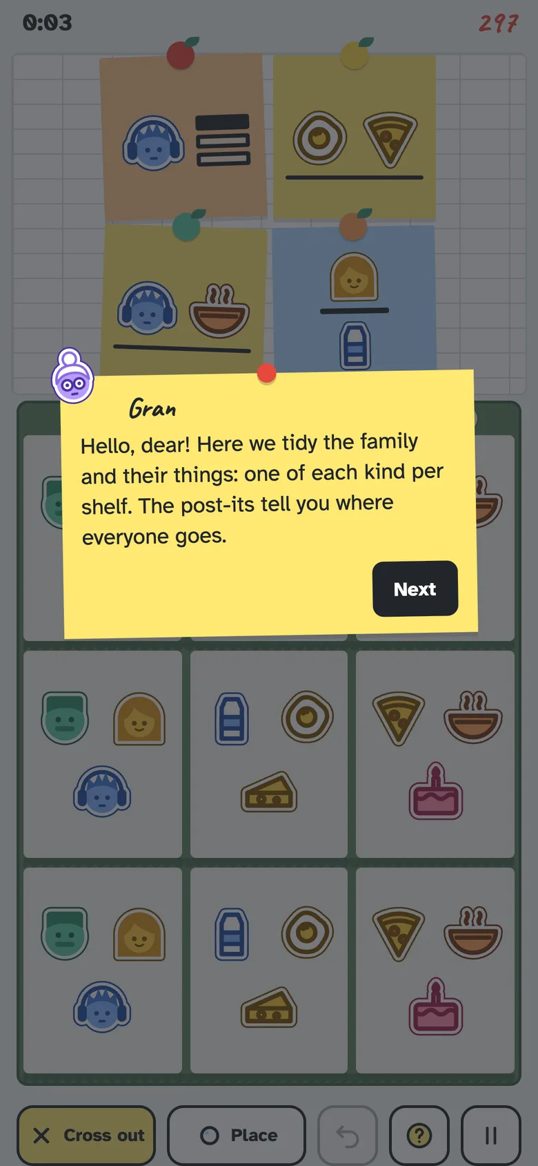 Gran introduces the game on a post-it, above the grid.