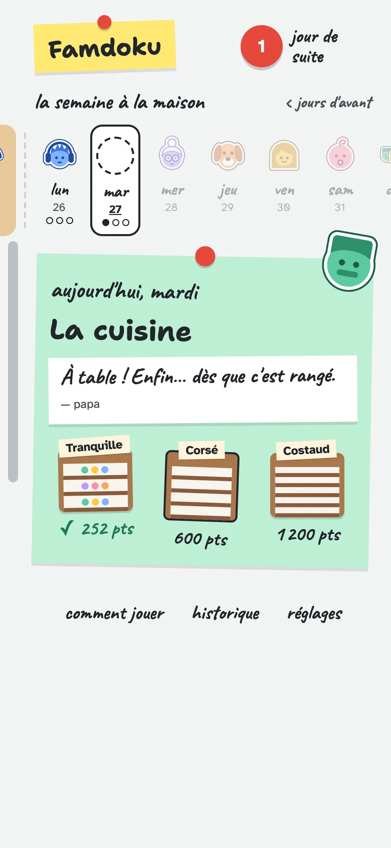L'accueil du jeu : la semaine de la famille et la cuisine du jour, avec ses trois niveaux.